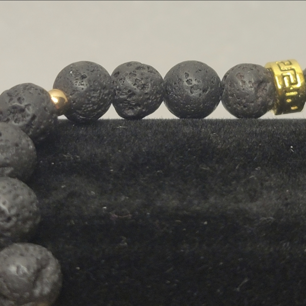 Handcrafted Gold, Black Lava and Red Carnelian Bead Stretch Bracelet - Picture 4 of 8